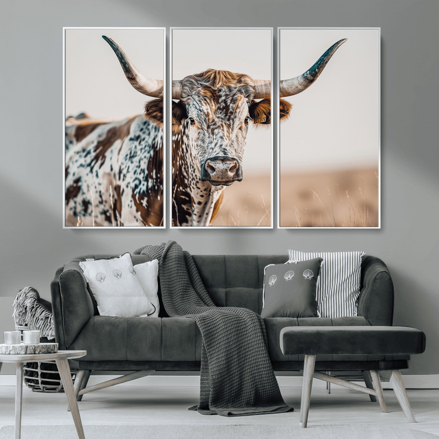 70414966-MGV-CV-36X24-Texas Longhorn Wall Art Canvas Print, Framed Speckled Cow Art Picture Print, Horned Bull Perfect Rustic Western Decor Artwork