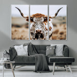 76294381-MGV-CV-36X24-Texas Longhorn Wall Art Canvas Print, Framed Spotted Cow Art Picture Print, Horned Cattle Perfect Rustic Western Decor Artwork