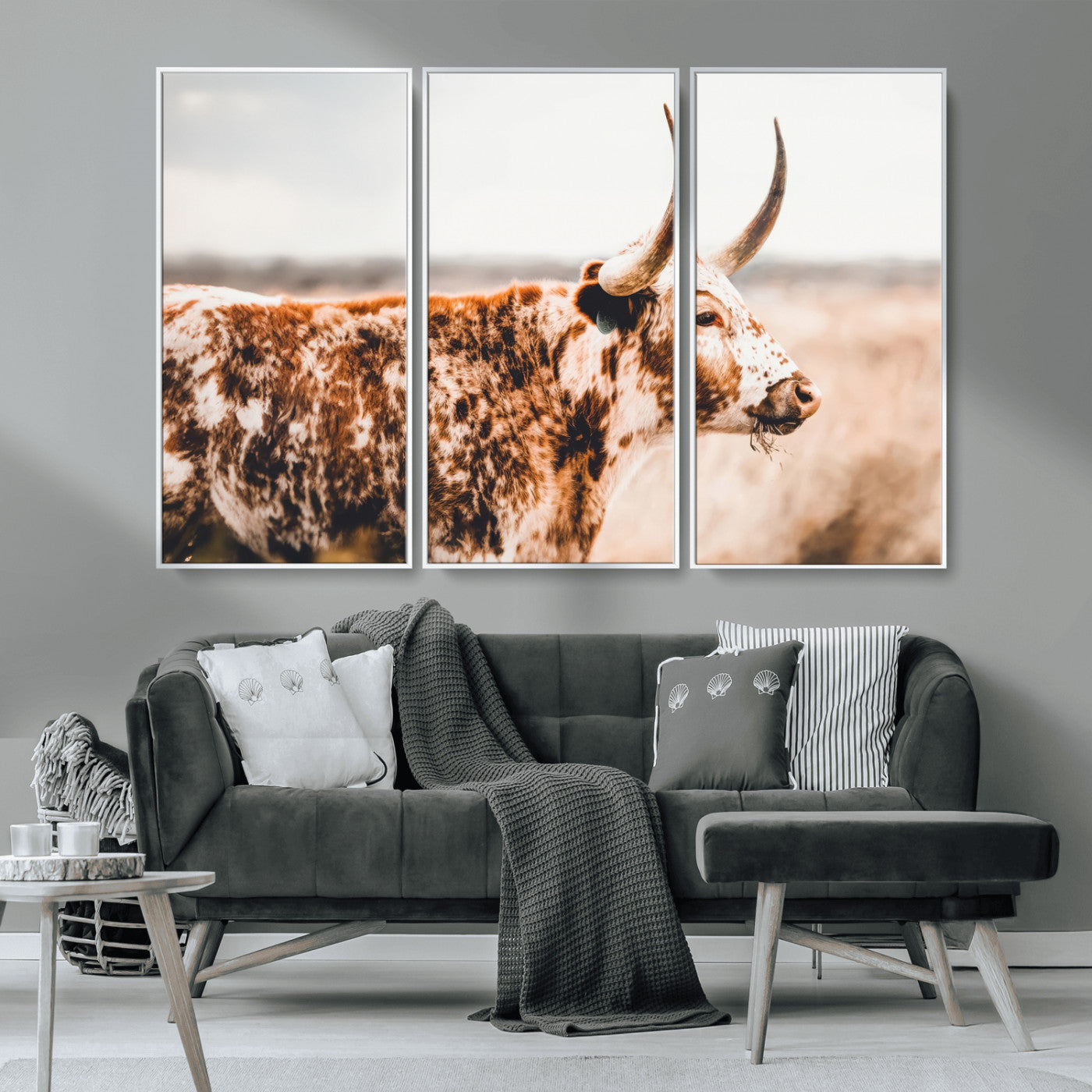 11528295-MGV-CV-36X24-Speckled Longhorn Wall Art Canvas Print, Framed Texas Cattle Art Picture Print, Horned Cow Perfect Rustic Western Decor Artwork