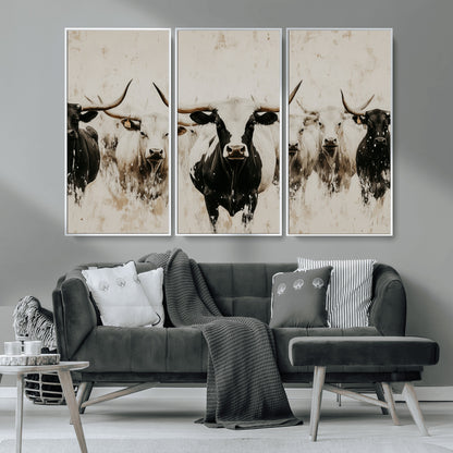 12027562-MGV-CV-36X24-Longhorn Cattle Wall Art Canvas Print, Framed Bison Herd Art Picture Print, Cattle Group Perfect Rustic Farmhouse Decor Artwork