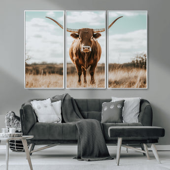 39350715-MGV-CV-36X24-Texas Longhorn Wall Art Canvas Print, Framed Longhorn Cow Art Picture Print, Western Cattle Perfect Rustic Western Decor Artwork
