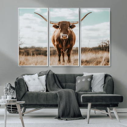 39350715-MGV-CV-36X24-Texas Longhorn Wall Art Canvas Print, Framed Longhorn Cow Art Picture Print, Western Cattle Perfect Rustic Western Decor Artwork