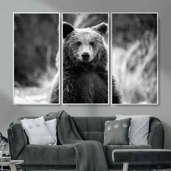 MGV-FC-48X32-3P - Grizzly Bear Wall Art Canvas Print, Framed Black White Bear Art Picture Print, Wild Bear Perfect Rustic Wildlife Decor Artwork