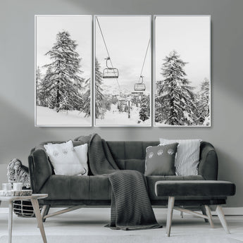 55003599-MGV-CV-36X24-Snowy Ski Lift Wall Art Canvas Print, Framed Winter Forest Art Picture Print, Ski lift Ride Perfect Winter Lodge Decor Artwork