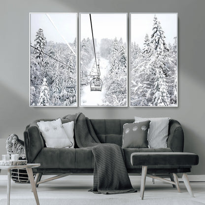 60296839-MGV-CV-36X24-Snowy Mountains Wall Art Canvas Print, Framed Ski Lift Art Picture Print, Winter Forest Perfect Winter Minimalist Decor Artwork