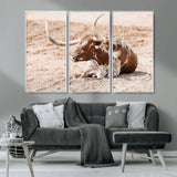 91248682-MGV-FC-48X32-3P_White-Texas Longhorn Wall Art Canvas Print, Framed Resting Bull Art Picture Print, Spotted Cattle Perfect Rustic Western Decor Artwork