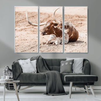 91248682-MGV-FC-48X32-3P_White-Texas Longhorn Wall Art Canvas Print, Framed Resting Bull Art Picture Print, Spotted Cattle Perfect Rustic Western Decor Artwork