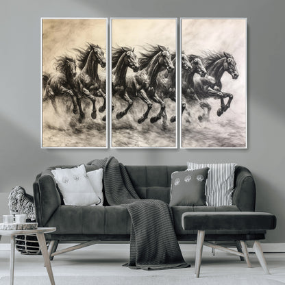 56089591-MGV-CV-36X24-Galloping Horses Wall Art Canvas Print, Framed Wild Stallions Art Picture Print, Horse Herd Sketch Perfect Monochrome Dynamic