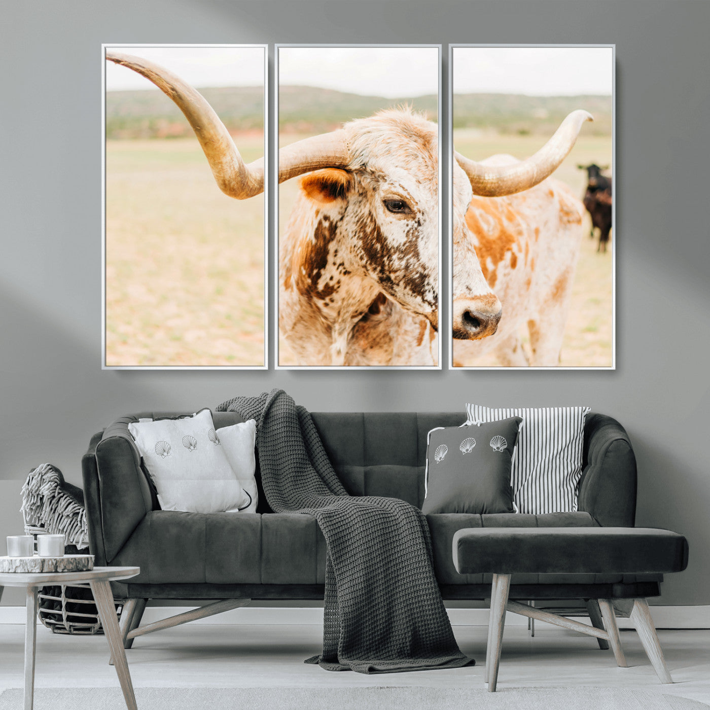 21060648-MGV-CV-36X24-Texas Longhorn Wall Art Canvas Print, Framed Speckled Cow Art Picture Print, Rustic Bull Perfect Rustic Western Decor Artwork