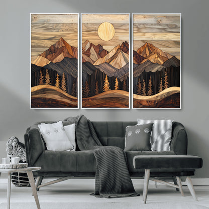 50100230-MGV-CV-36X24-Wooden Mountain Wall Art – Rustic Nature Landscape Canvas Print, Handmade Style Sun, Forest, and Peaks Artwork for Living Room,
