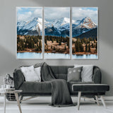 36247746-MGV-CV-36X24-Snowy Peaks Wall Art Canvas Print, Framed Alpine Lake Art Picture Print, Pine Forest Perfect Alpine Wilderness Decor Artwork