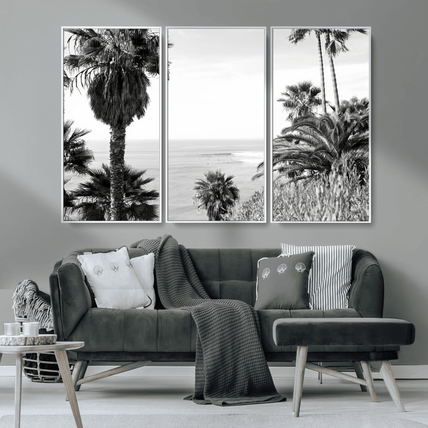 89458520-MGV-CV-36X24-Palm Trees Wall Art Canvas Print, Framed Coastal View Art Picture Print, Ocean Horizon Perfect Monochrome Coast Decor Artwork