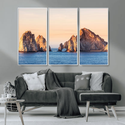 72996116-MGV-CV-36X24-El Arco Wall Art Canvas Print, Framed Cabo Rocks Art Picture Print, Ocean Arch Perfect Golden Coastal Landmark Decor Artwork
