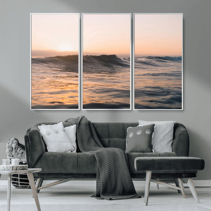46299358-MGV-CV-36X24-Sunset Waves Wall Art Canvas Print, Framed Ocean Horizon Art Picture Print, Golden Water Perfect Golden Hour Coastal Decor Artwork