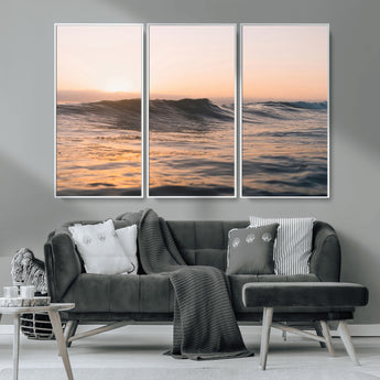 46299358-MGV-CV-36X24-Sunset Waves Wall Art Canvas Print, Framed Ocean Horizon Art Picture Print, Golden Water Perfect Golden Hour Coastal Decor Artwork