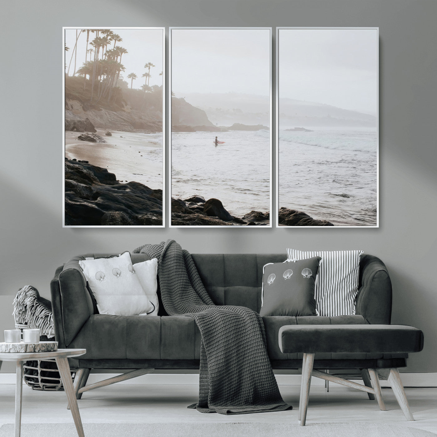 62501405-MGV-CV-36X24-Misty Beach Wall Art Canvas Print, Framed California Surfer Art Picture Print, Coastal Cliff Perfect Coastal Beach Decor Artwork