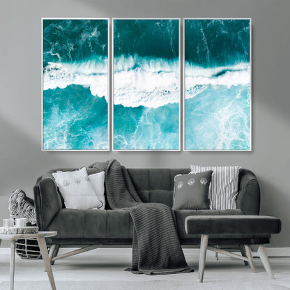 23828594-MGV-CV-36X24-Aerial Waves Wall Art Canvas Print, Framed Ocean Break Art Picture Print, Sea Foam Perfect Tropical Coastal Decor Artwork