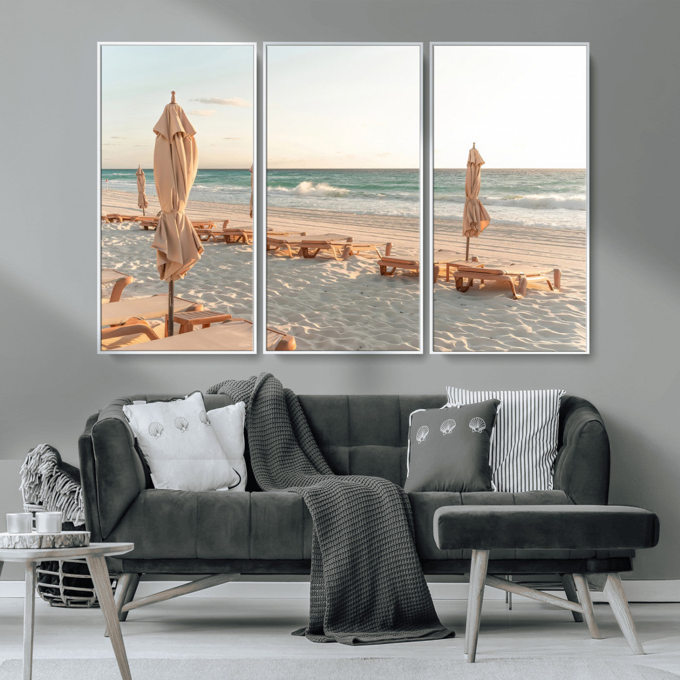 58507949-MGV-CV-36X24-Beach Umbrellas Wall Art Canvas Print, Framed Empty Loungers Art Picture Print, Soft Sand Perfect Minimalist Seaside Decor Artwork