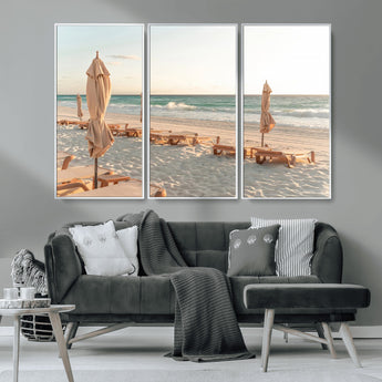 58507949-MGV-CV-36X24-Beach Umbrellas Wall Art Canvas Print, Framed Empty Loungers Art Picture Print, Soft Sand Perfect Minimalist Seaside Decor Artwork