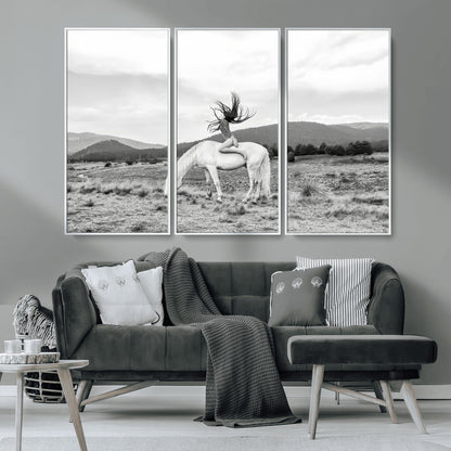 62789800-MGV-CV-36X24-White Horse Wall Art Canvas Print, Framed Woman Rider Art Picture Print, Equestrian Pose Perfect Western Boho Decor Artwork