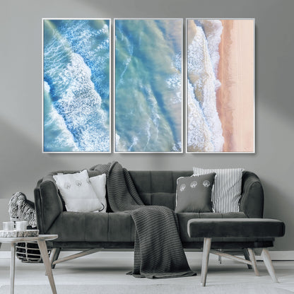 17641845-MGV-FC-48X32-3P_White-Aerial Ocean Wall Art Canvas Print, Framed Blue Waves Art Picture Print, Sandy Shoreline Perfect Modern Coastal Decor Artwork