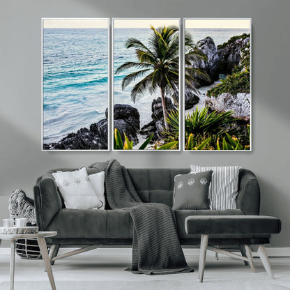94669907-MGV-CV-36X24-Tropical Coastline Wall Art Canvas Print, Framed Palm Tree Art Picture Print, Rocky Beach Perfect Tropical Coastal Decor Artwork
