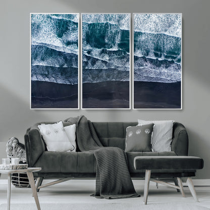 87941475-MGV-CV-36X24-Black Beach Wall Art Canvas Print, Framed Aerial Ocean Art Picture Print, Moody Coastal Perfect Modern Coastal Decor Artwork