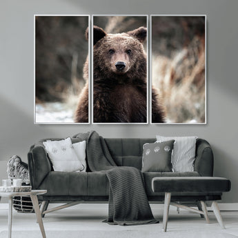 47112103-MGV-CV-36X24-Brown Bear Wall Art Canvas Print, Framed Forest Wildlife Art Picture Print, Woodland Bear Perfect Rustic Cabin Decor Artwork