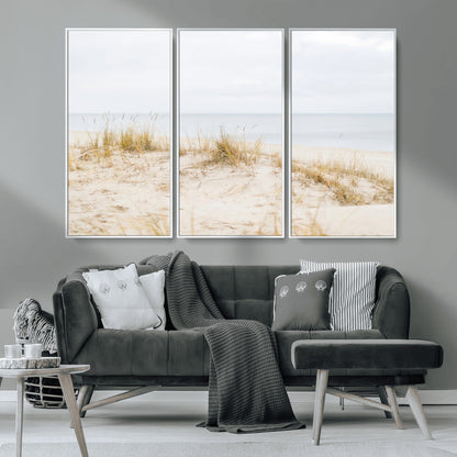 13146857-MGV-CV-36X24-Beach Dunes Wall Art Canvas Print, Framed Soft Horizon Art Picture Print, Coastal Grass Perfect Minimalist Coastal Decor Artwork