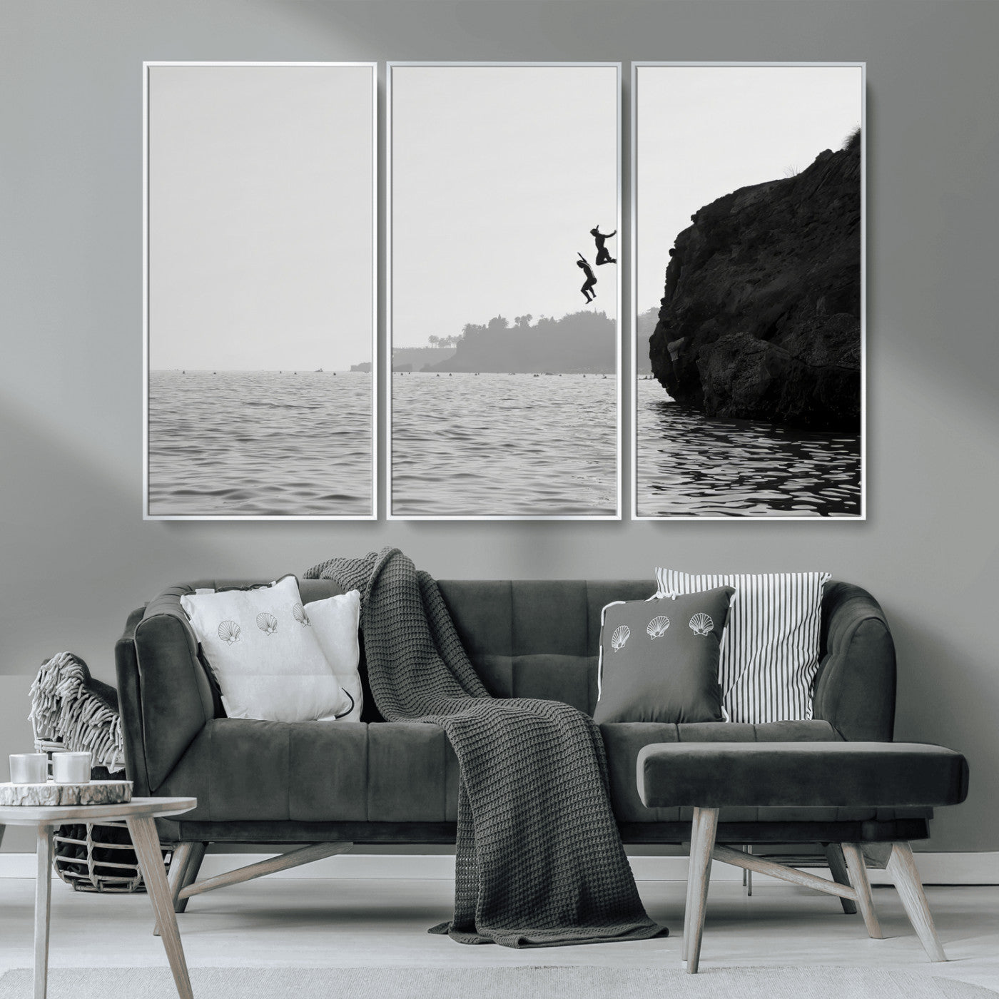 52284302-MGV-CV-36X24-Cliff Jumping Wall Art Canvas Print, Framed Ocean Adventure Art Picture Print, Black White Coast Perfect Modern Coastal Decor