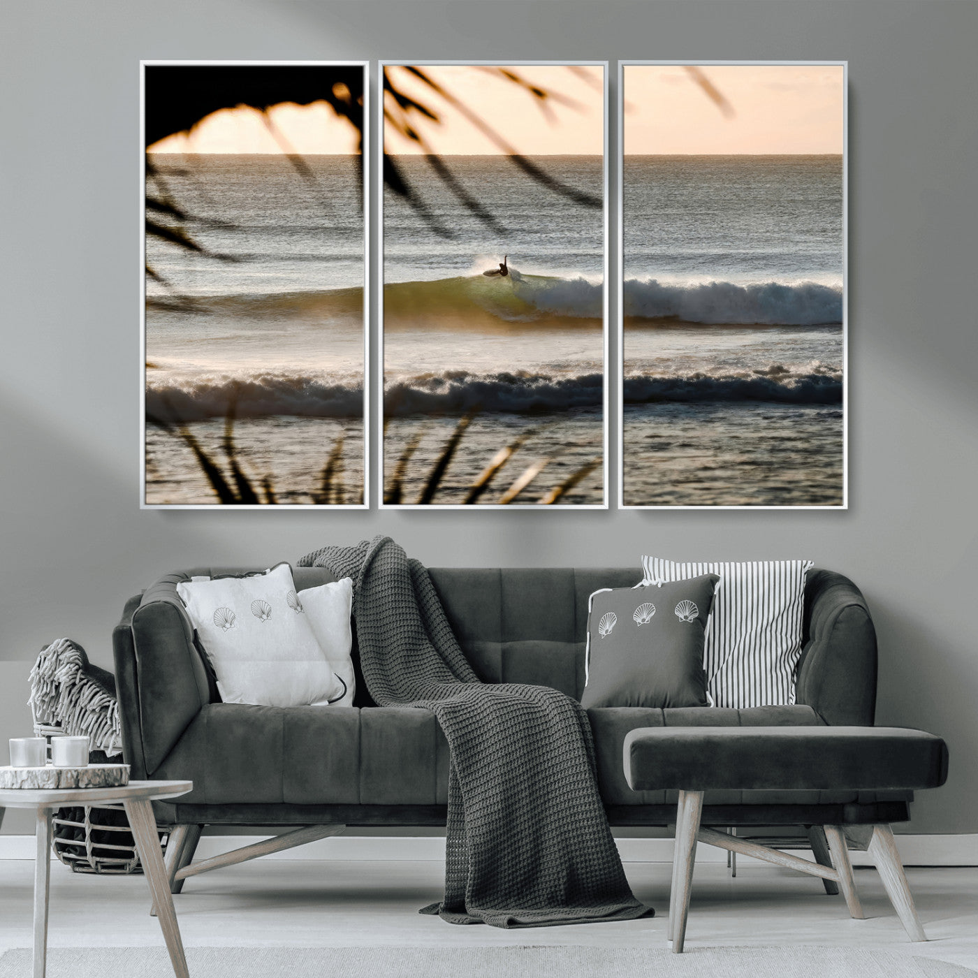 24896468-MGV-FC-48X32-3P_White-Sunset Surf Wall Art Canvas Print, Framed Golden Waves Art Picture Print, Tropical Ocean Perfect Tropical Boho Decor Artwork