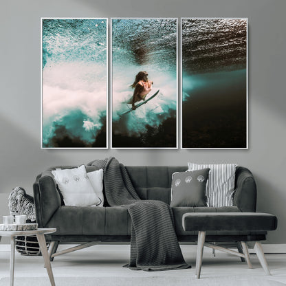 85923512-MGV-CV-36X24-Aquatic Motion Wall Art Canvas Print, Framed Underwater Swimming Art Picture Print, Female Surfer Diving Perfect Coastal Boho