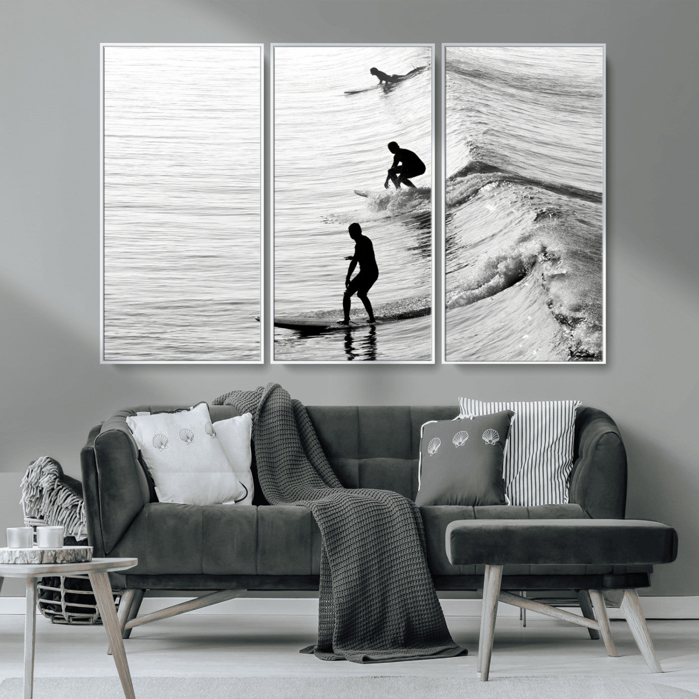 19875284-MGV-CV-36X24-Surfer Waves Wall Art Canvas Print, Framed Black White Surf Art Picture Print, Monochrome Ocean Perfect Modern Coastal Decor