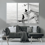 19875284-MGV-CV-36X24-Surfer Waves Wall Art Canvas Print, Framed Black White Surf Art Picture Print, Monochrome Ocean Perfect Modern Coastal Decor
