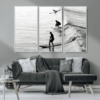 19875284-MGV-CV-36X24-Surfer Waves Wall Art Canvas Print, Framed Black White Surf Art Picture Print, Monochrome Ocean Perfect Modern Coastal Decor