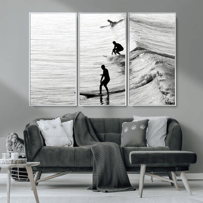 19875284-MGV-CV-36X24-Surfer Waves Wall Art Canvas Print, Framed Black White Surf Art Picture Print, Monochrome Ocean Perfect Modern Coastal Decor