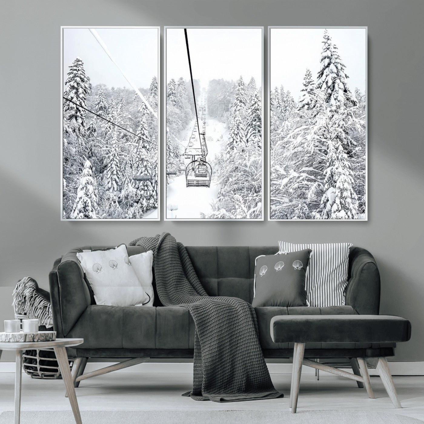44705668-MGV-CV-36X24-Winter Forest Wall Art Canvas Print, Framed Snowy Forest Art Picture Print, Ski Lift Perfect Scandinavian Decor Artwork