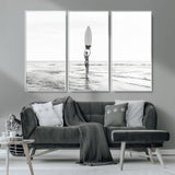 98446901-MGV-CV-36X24-Monochrome Surf Wall Art Canvas Print, Framed Minimalist Surfer Art Picture Print, Surfboard Silhouette Perfect Coastal Minimalist