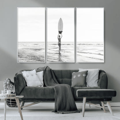 98446901-MGV-CV-36X24-Monochrome Surf Wall Art Canvas Print, Framed Minimalist Surfer Art Picture Print, Surfboard Silhouette Perfect Coastal Minimalist