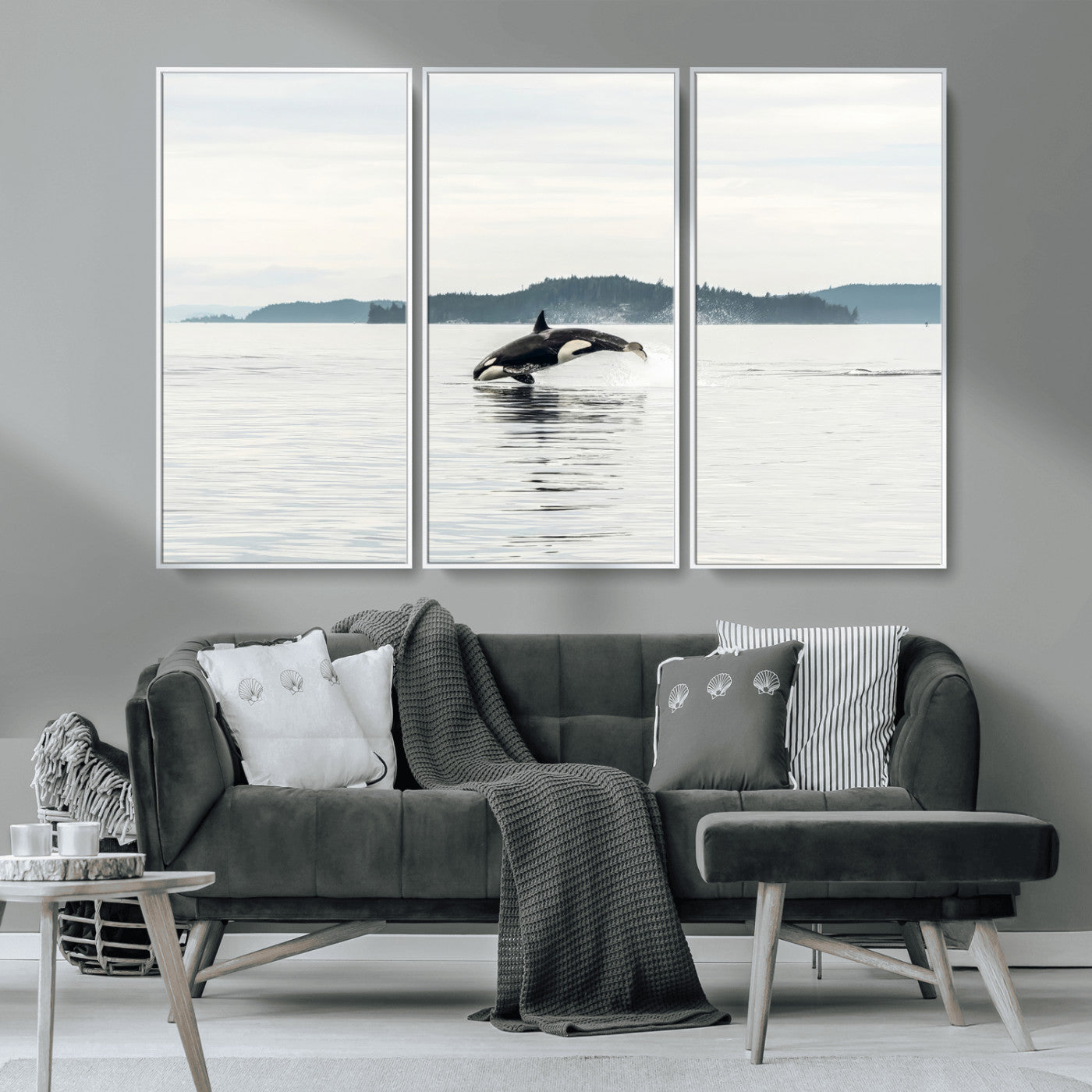 10157174-MGV-CV-36X24-Orca Whale Wall Art Canvas Print, Framed Black White Whale Art Picture Print, Minimalist Ocean Perfect Coastal Minimalist Decor