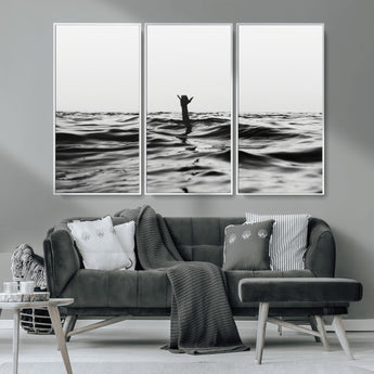 69541918-MGV-CV-36X24-Black White Ocean Wall Art Canvas Print, Framed Moody Seascape Art Picture Print, Surfer Sign Perfect Moody Minimalist Decor