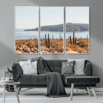 45193515-MGV-CV-36X24-Desert Cactus Wall Art Canvas Print, Framed Baja Coastline Art Picture Print, Coastal Desert Perfect Southwestern Minimalist Decor