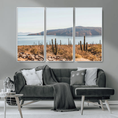 45193515-MGV-CV-36X24-Desert Cactus Wall Art Canvas Print, Framed Baja Coastline Art Picture Print, Coastal Desert Perfect Southwestern Minimalist Decor