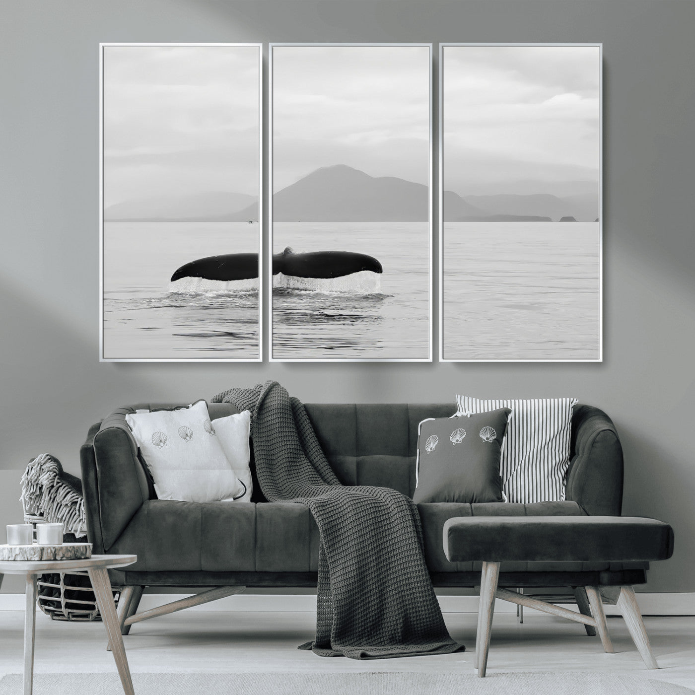 30524220-MGV-CV-36X24-Whale Tail Wall Art Canvas Print, Framed Black White Ocean Art Picture Print, Calm Marine Perfect Minimalist Coastal Decor Artwork