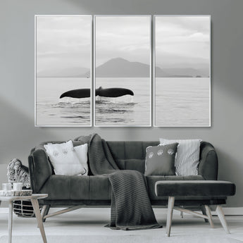 30524220-MGV-CV-36X24-Whale Tail Wall Art Canvas Print, Framed Black White Ocean Art Picture Print, Calm Marine Perfect Minimalist Coastal Decor Artwork