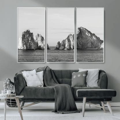 18810731-MGV-CV-36X24-Rugged Coastline Wall Art Canvas Print, Framed Ocean Cliffs Art Picture Print, Monochrome Seascape Perfect Coastal Minimalist