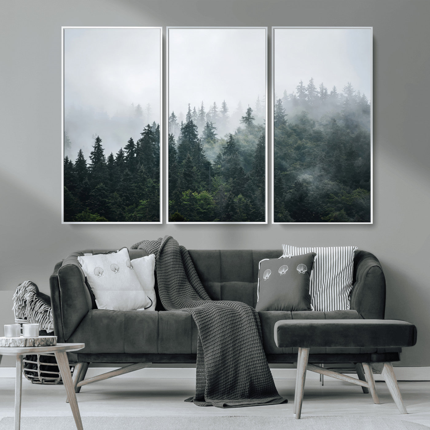 84146572-MGV-CV-36X24-Foggy Pine Trees Wall Art Canvas Print, Framed Forest Nature Art Picture Print, Evergreen Forest Perfect Scandinavian Minimalist