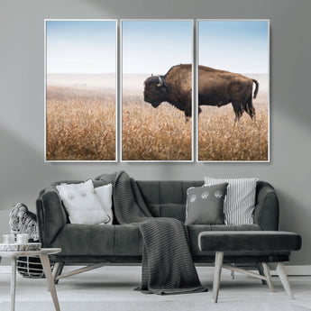 99620201-MGV-CV-36X24-Wild Bison Wall Art Canvas Print, Framed Bison in Prairie Art Picture Print, Rustic Western Perfect Rustic Western Decor Artwork
