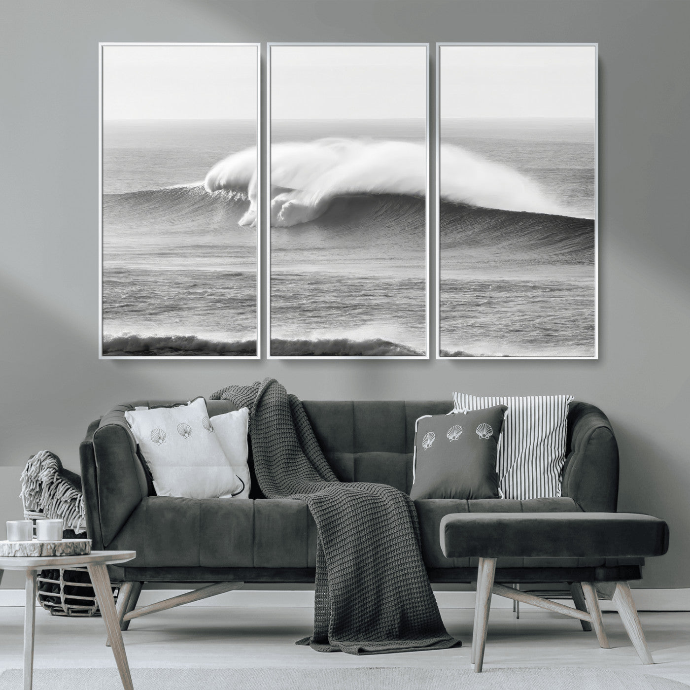 42544082-MGV-CV-36X24-Monochrome Seascape Wall Art Canvas Print, Framed Surf Wave Art Picture Print, Minimalist Ocean Perfect Moody Coastal Decor