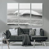 42544082-MGV-CV-36X24-Monochrome Seascape Wall Art Canvas Print, Framed Surf Wave Art Picture Print, Minimalist Ocean Perfect Moody Coastal Decor